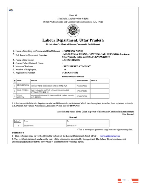 India Uttar Pradesh registration certificate of shop or commercial establishment Word and PDF template